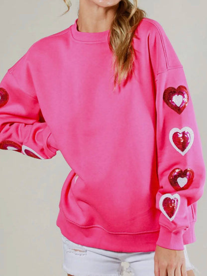 Sequin Heart Round Neck Dropped Shoulder Sweatshirt