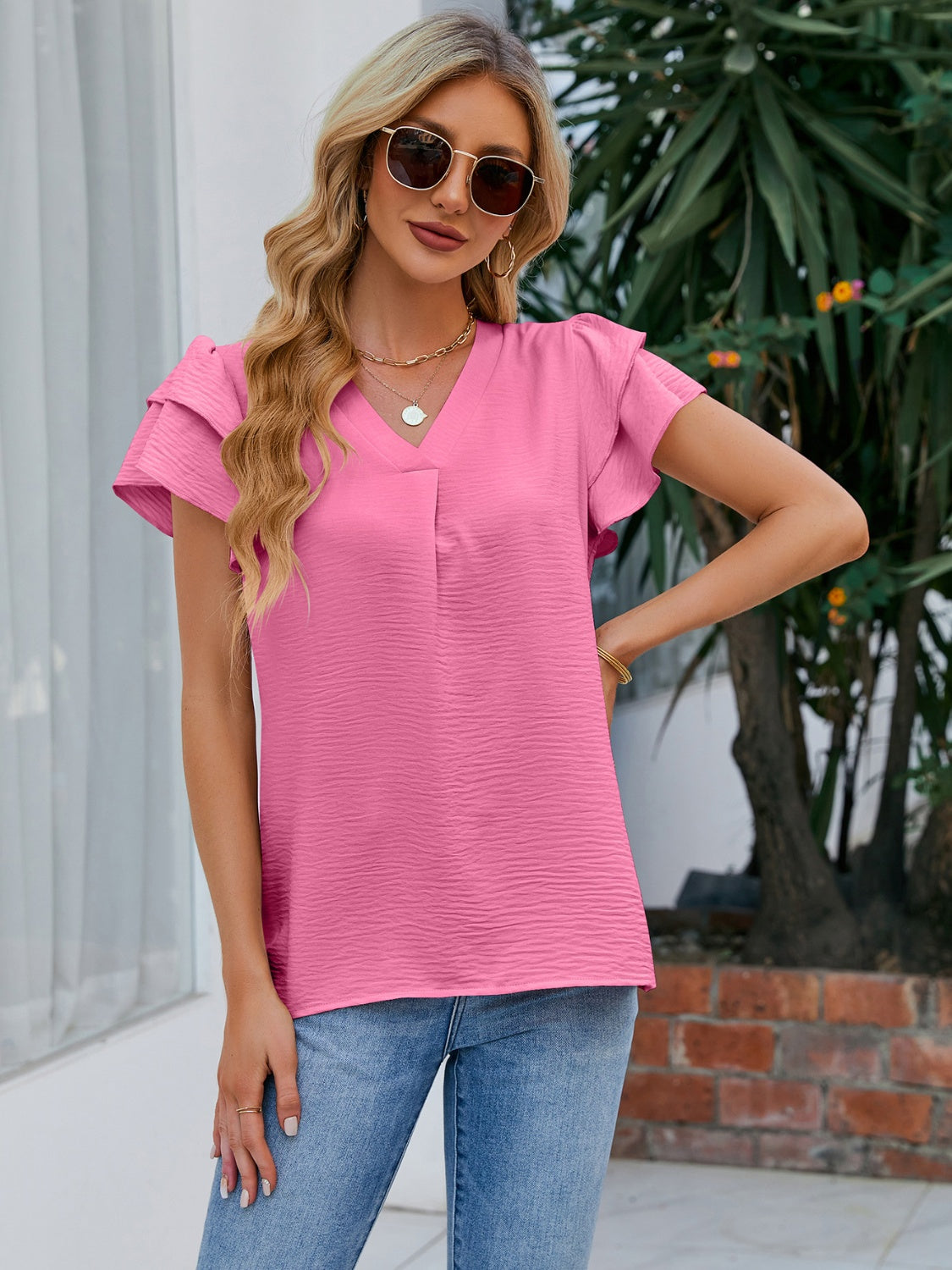 V-Neck Flounce Sleeve Blouse