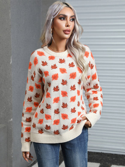 Angel Wings Maple Leaf Round Neck Long Sleeve Sweater