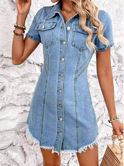 Raw Hem Button Up Short Sleeve Denim Dress