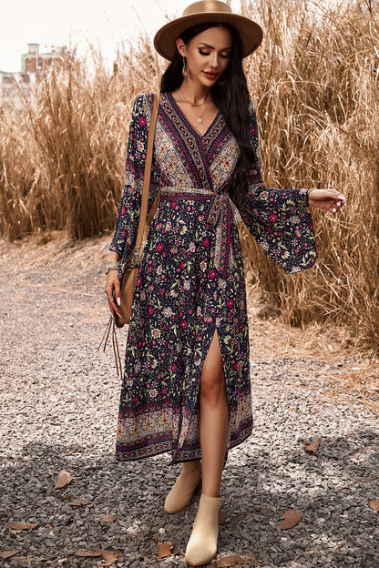 Bohemian Surplice Neck Slit Dress