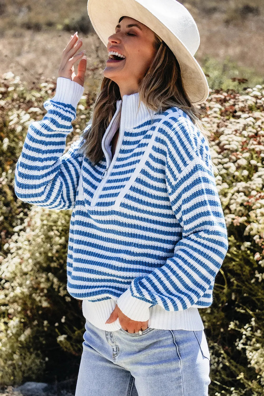 Striped Half Zip Long Sleeve Sweater