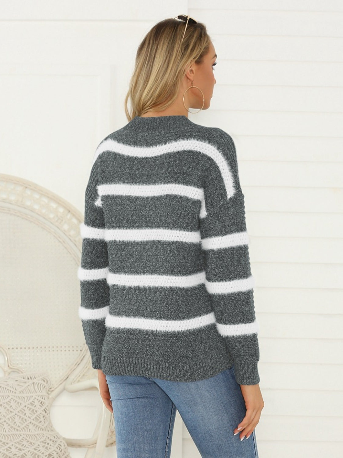Shiny Striped Round Neck Long Sleeve Sweater