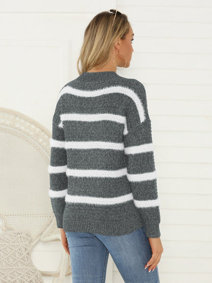 Shiny Striped Round Neck Long Sleeve Sweater