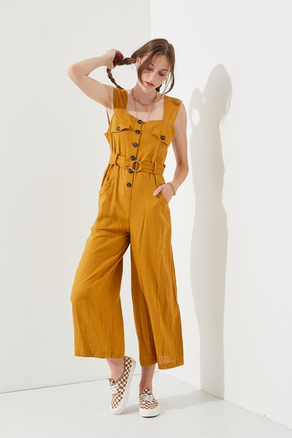 SLEEVELESS SQUARE NECK BUTTON DOWN ANKLE JUMPSUIT