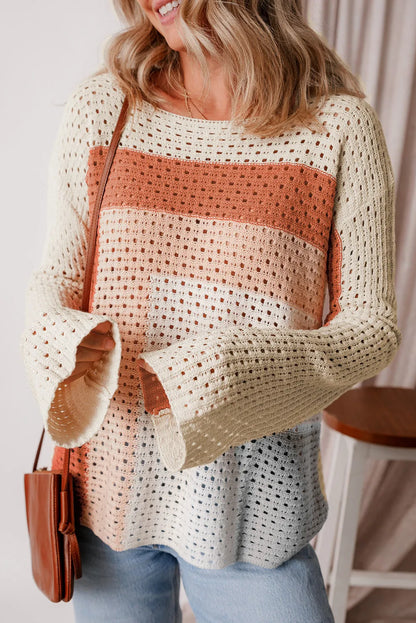 Openwork Color Block Long Sleeve Knit Top