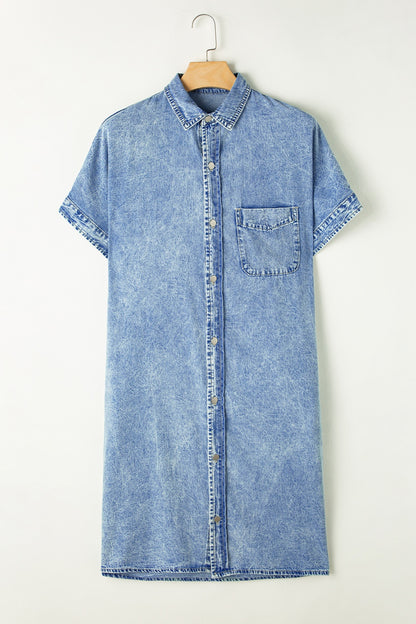 Pocketed Button Up Half Sleeve Denim Dress