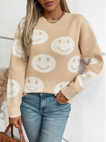 Smile Pattern Round Neck Long Sleeve Sweater