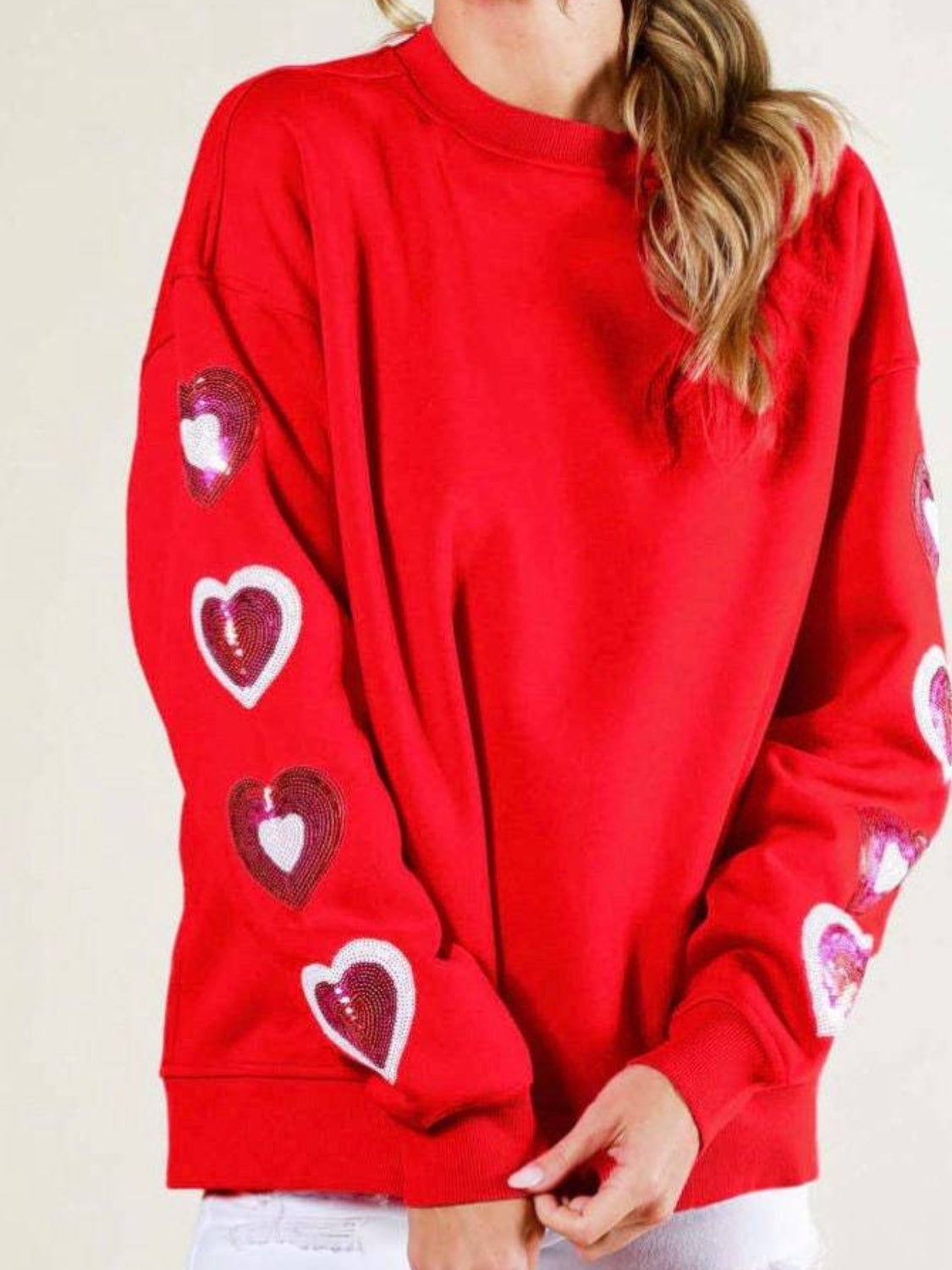 Sequin Heart Round Neck Dropped Shoulder Sweatshirt