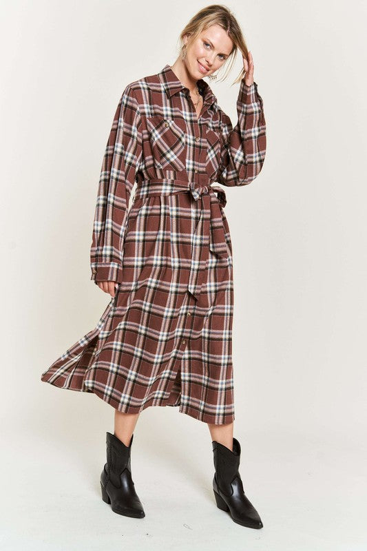 PLAID PRINT COLLAR LONG SHIRT DRESS PLUS