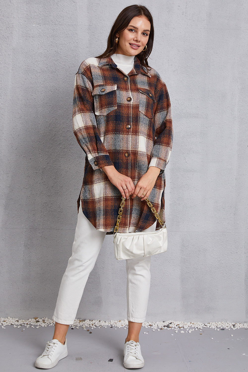 Plaid Button Up Dropped Shoulder Coat with Pockets