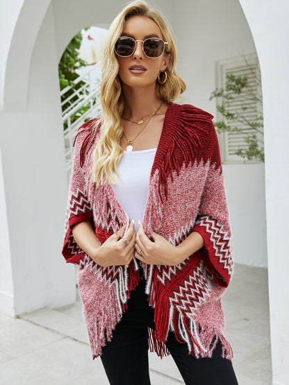 Geometric Fringe Open Front Cardigan