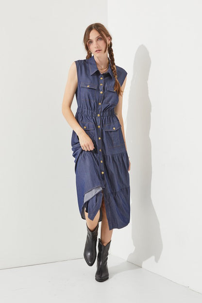 SLEEVELESS BUTTON DOWN COLLARED DENIM DRESS