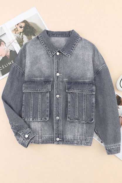 Button Up Dropped Shoulder Denim Jacket with Pockets