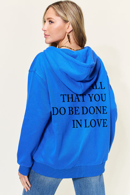 Simply Love Full Size Letter Graphic Zip-Up Hoodie with Pockets