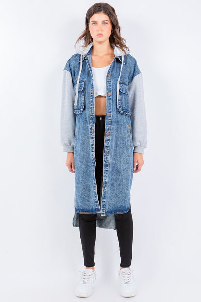 American Bazi Contrast Longline Hooded Denim Jacket