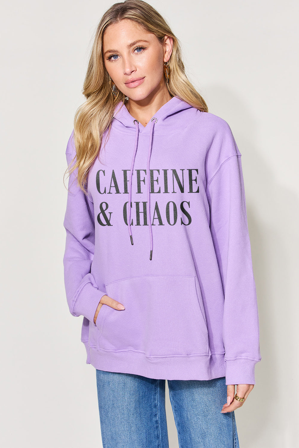 Simply Love Full Size CAFFEINE&CHAOS Graphic Drawstring Long Sleeve Hoodie
