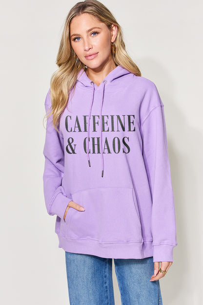 Simply Love Full Size CAFFEINE&CHAOS Graphic Drawstring Long Sleeve Hoodie