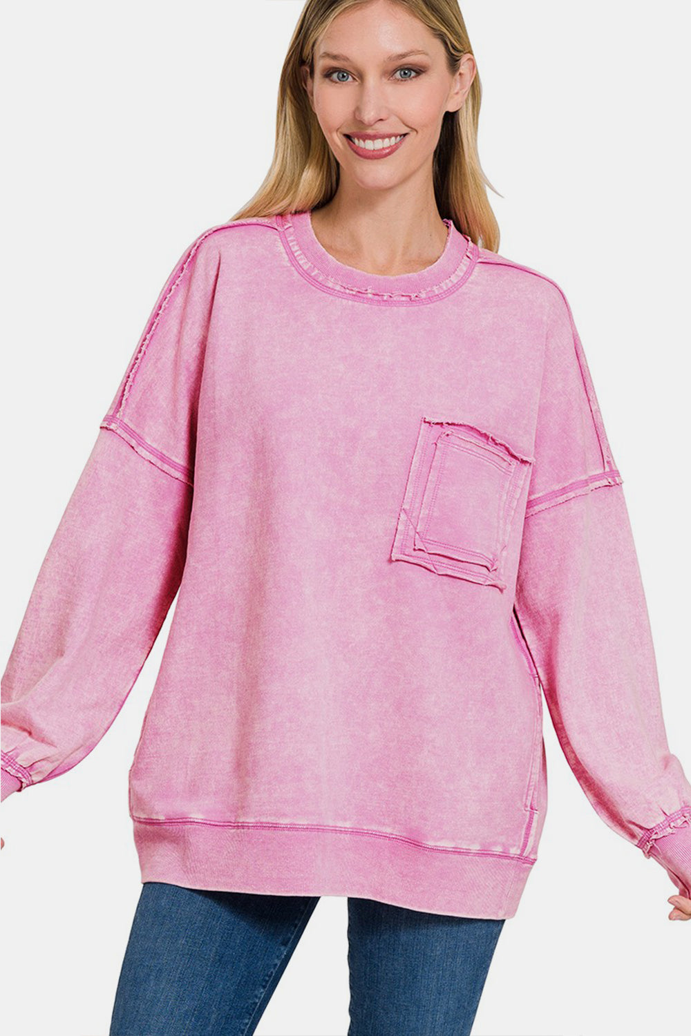 Zenana Exposed Seam Round Neck Dropped Shoulder Sweatshirt