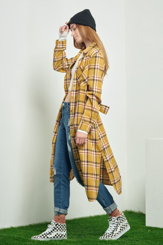 PLAID PRINT COLLAR LONG SHIRT DRESS