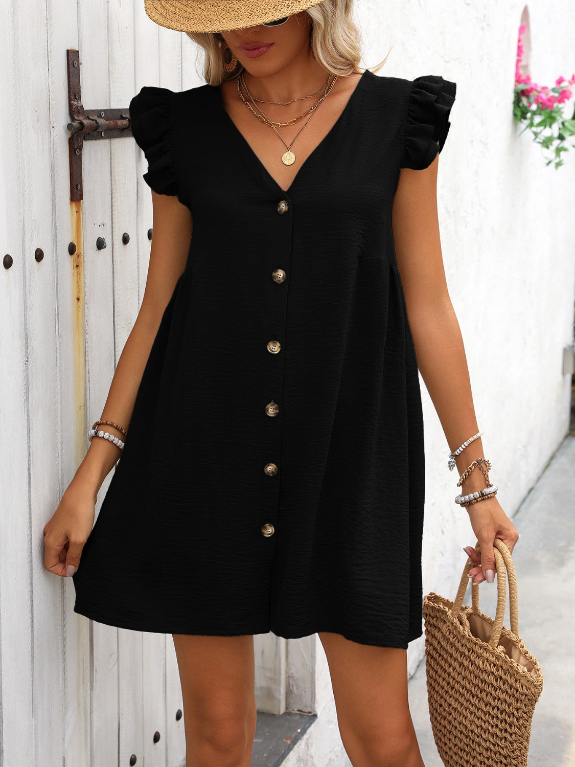 Ivy Lane Button Up V-Neck Cap Sleeve Mini Dress