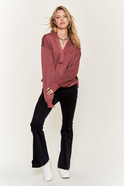 Deep V-neck Collared Long sleeve Knit Top JJT1024