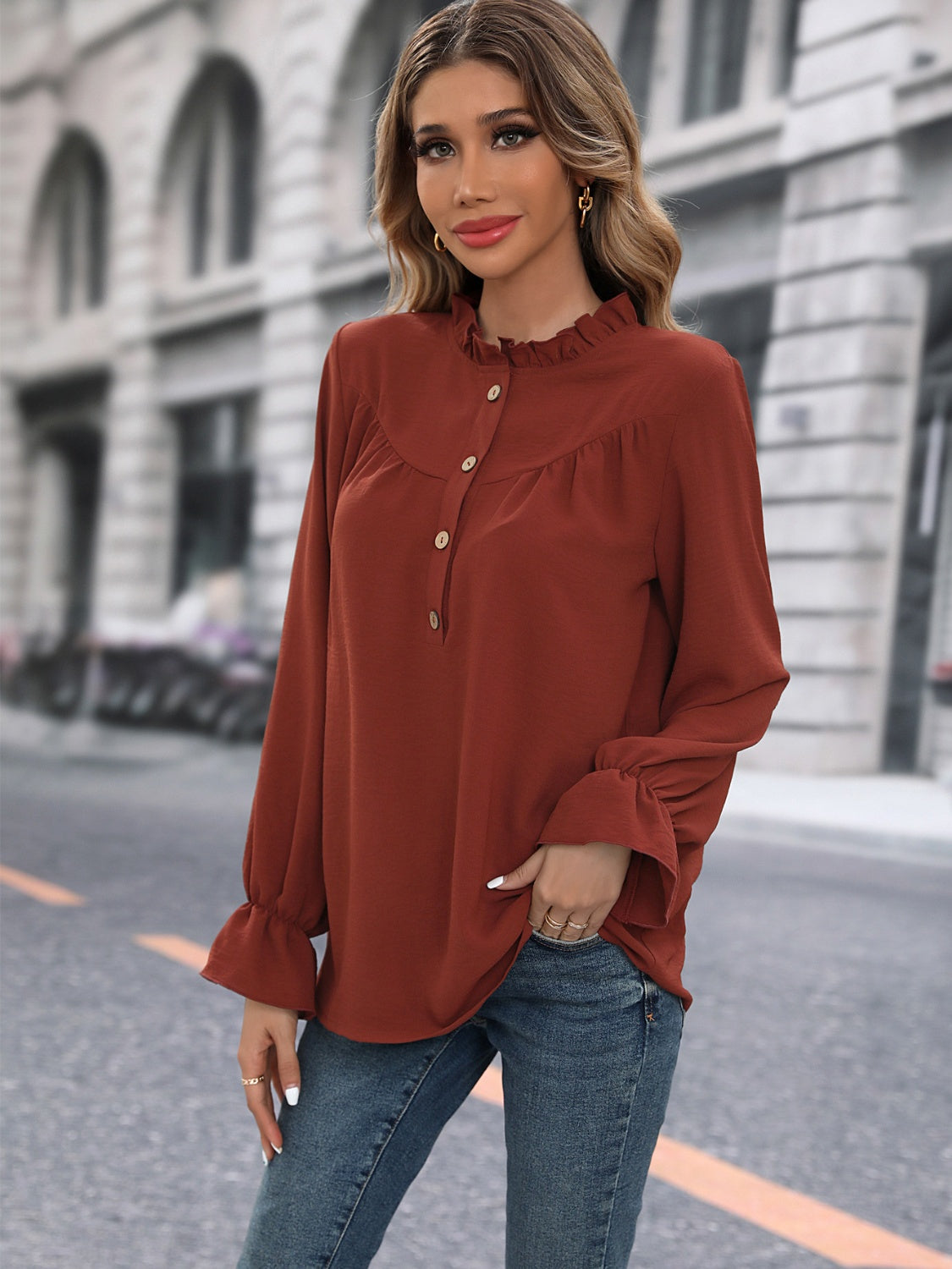 Frill Round Neck Flounce Sleeve Blouse