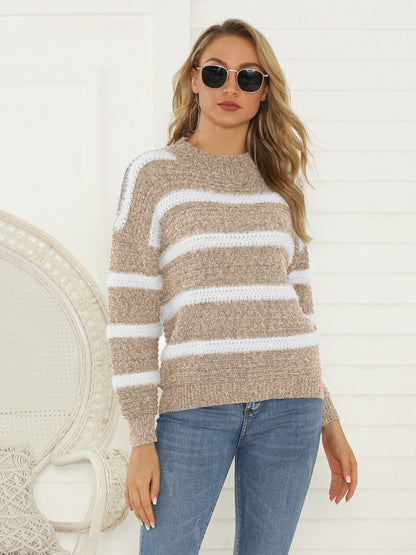 Shiny Striped Round Neck Long Sleeve Sweater