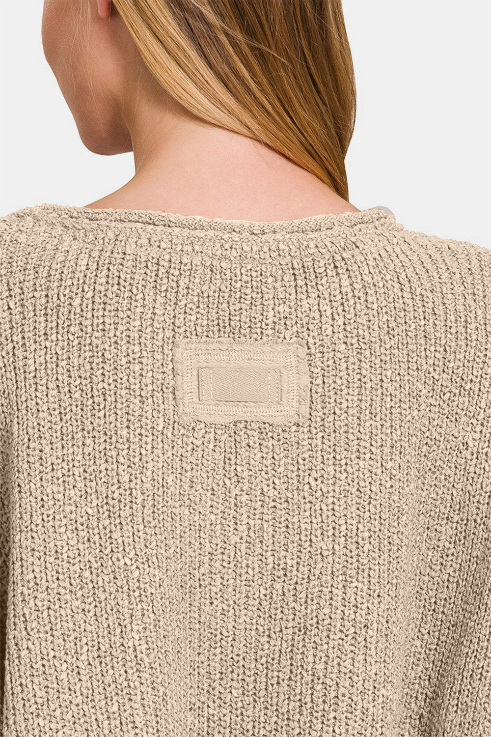 Zenana Notched Side Slit Patch Sweater