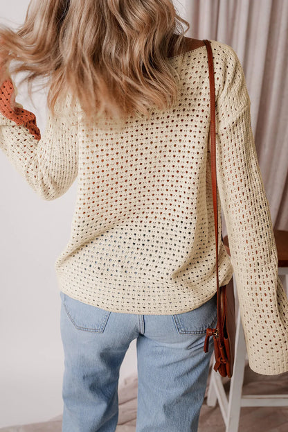 Openwork Color Block Long Sleeve Knit Top