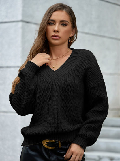 V-Neck Dropped Shoulder Long Sleeve Sweater