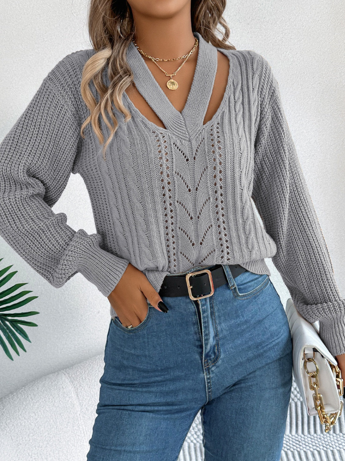 Cutout V-Neck Long Sleeve Sweater