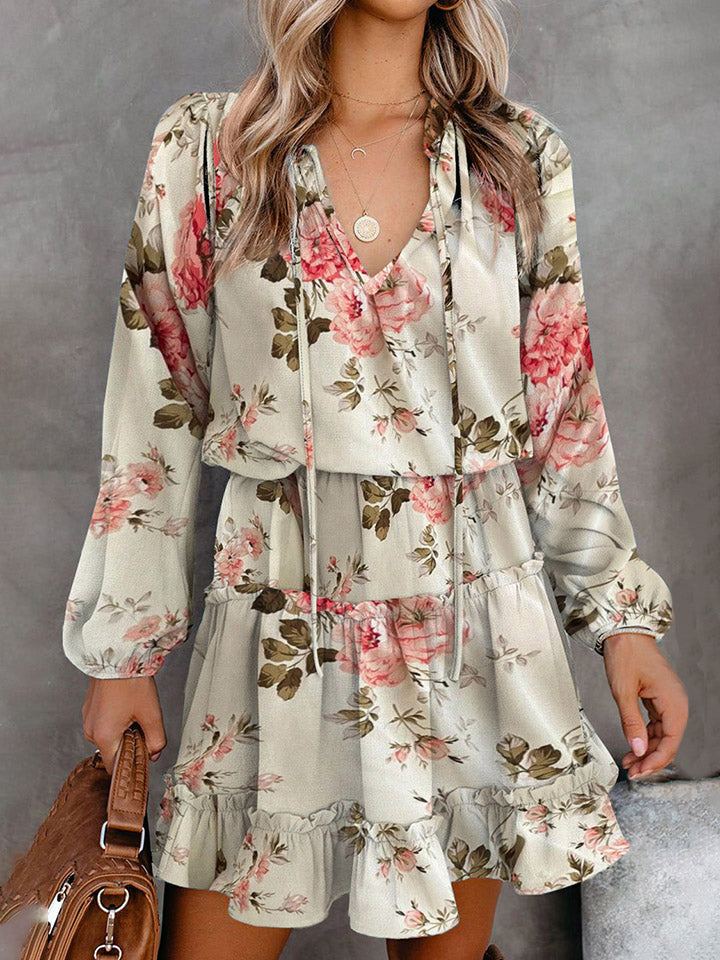 Printed Tie Neck Long Sleeve Dress