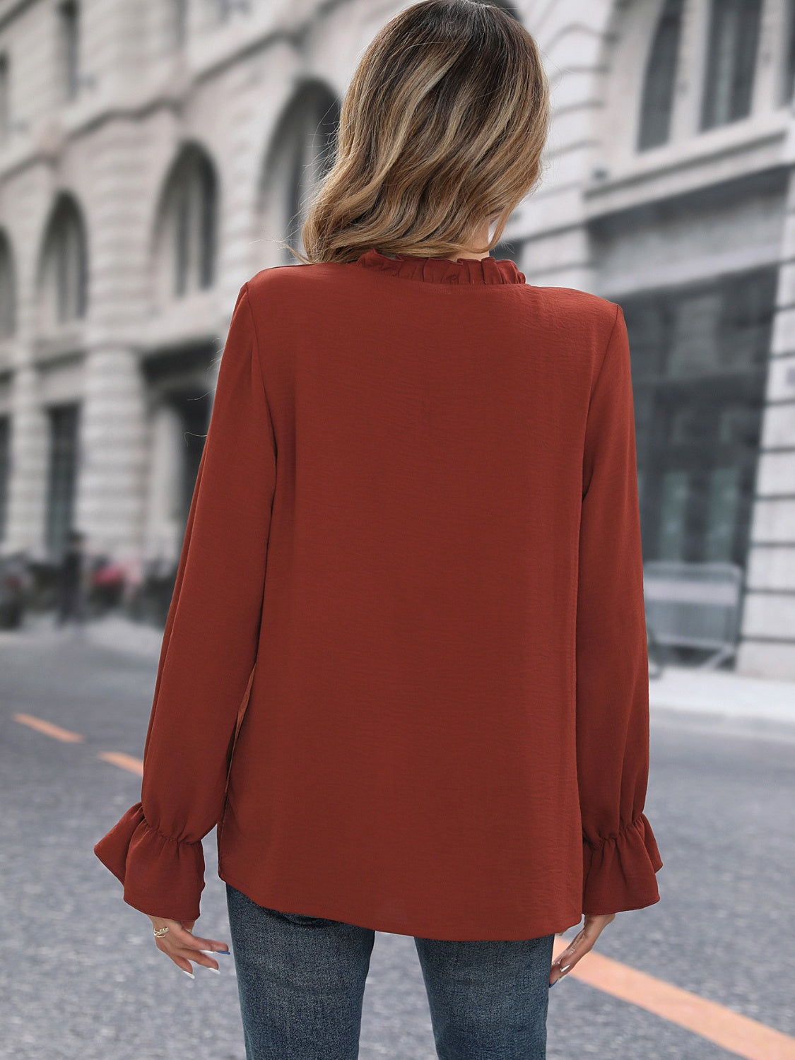 Frill Round Neck Flounce Sleeve Blouse