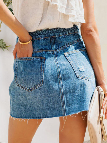 Button-Fly Distressed Raw Hem Denim Skirt