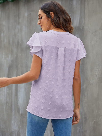 Swiss Dot Notched Cap Sleeve Blouse