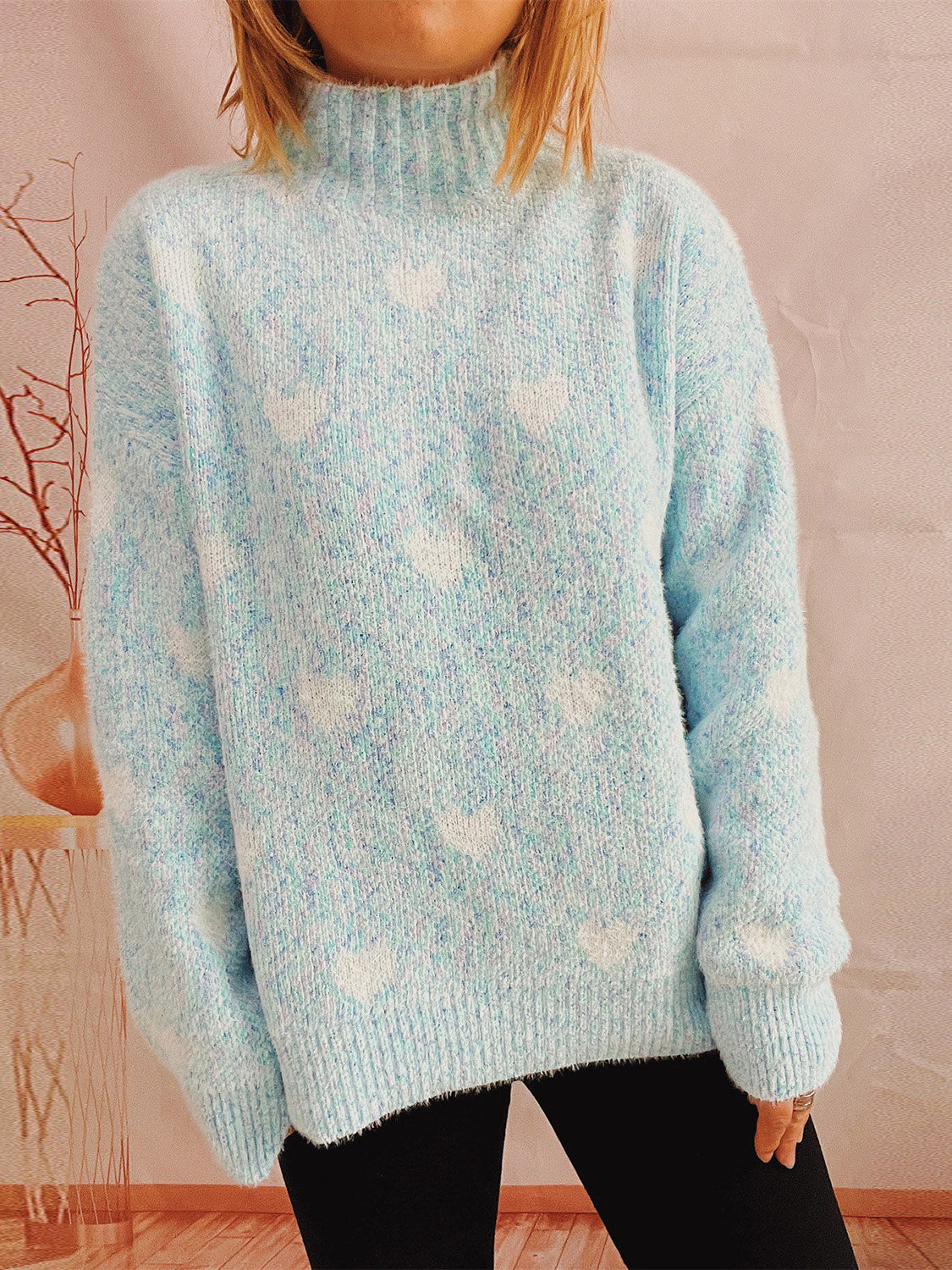 Heart Heathered Turtleneck Drop Shoulder Sweater