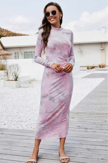 Tie Dye Mock Neck Long Sleeve Dress