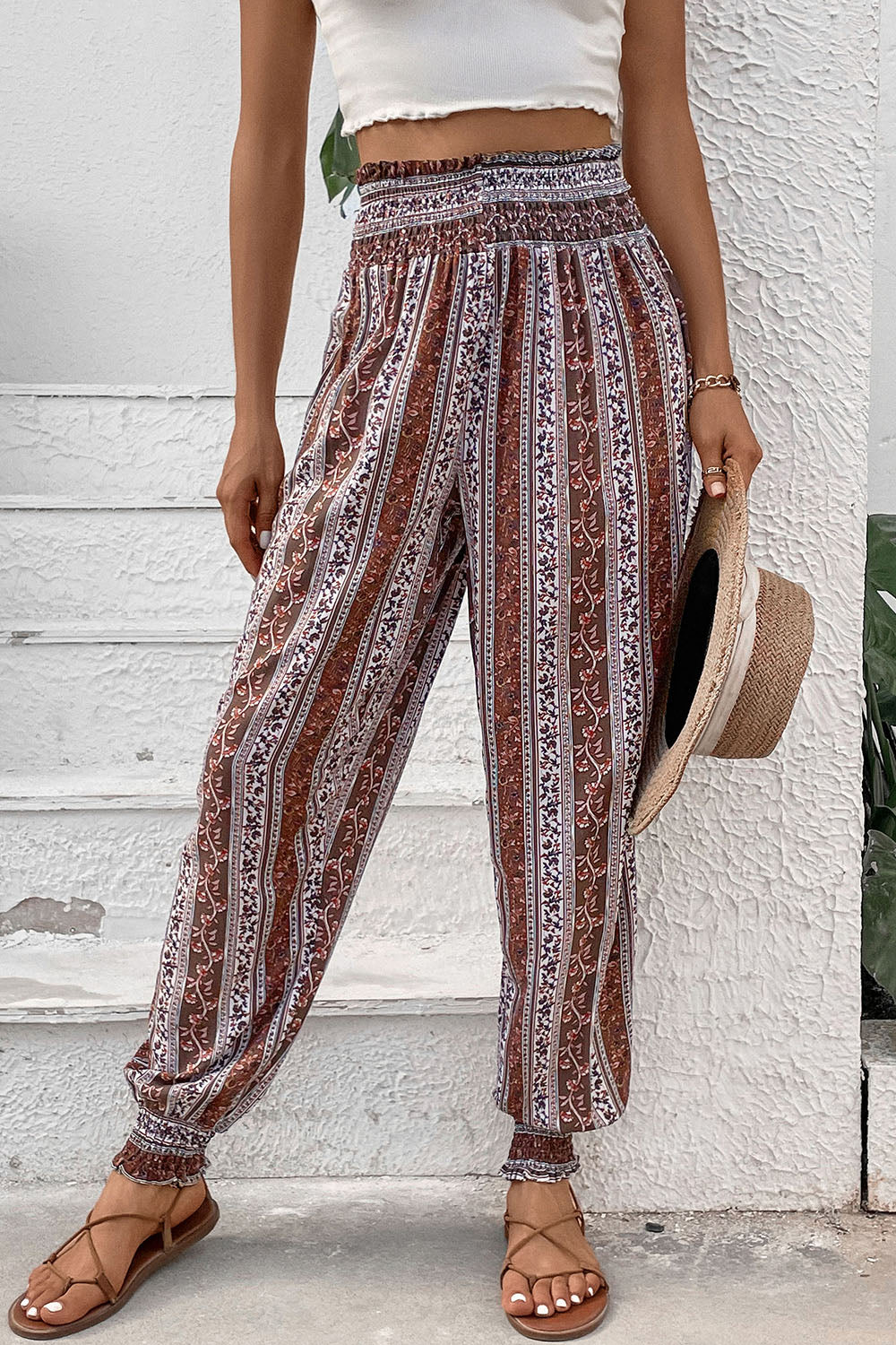 Smocked Printed High Waist Pants