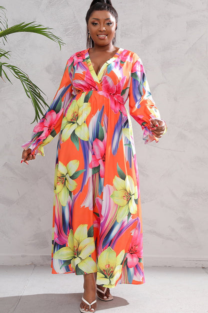 Plus Size Printed Flounce Sleeve Maxi Dress