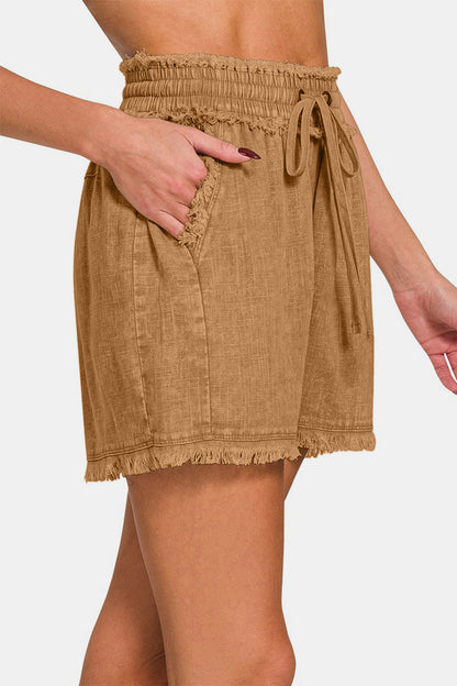 Zenana Washed Linen Frayed Hem Drawstring Shorts