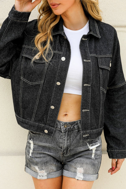 Pocketed Button Up Dropped Shoulder Denim Jacket