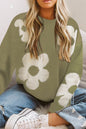 Round Neck Floral Pattern Color Contrast  Design Long Sleeve Sweater