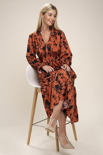 Floral Print Bishop Sleeve Shirred Dress