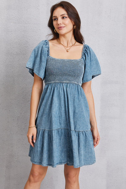 Smocked Square Neck Mini Denim Dress