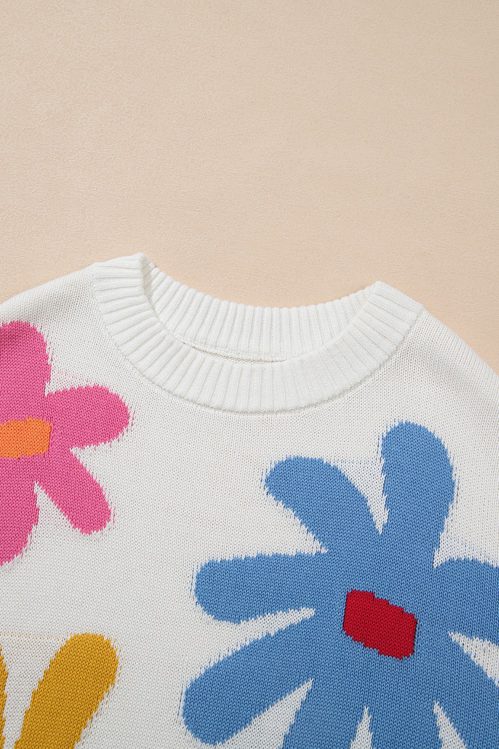 Flower Round Neck Dropped Shoulder Sweater