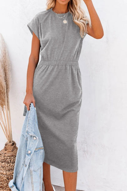 Pocketed Round Neck Cap Sleeve Dress