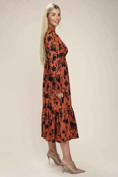 Floral Print Bishop Sleeve Shirred Dress