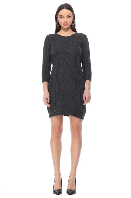 Round Neck Cable Knit Long Sleeve Sweater Dress