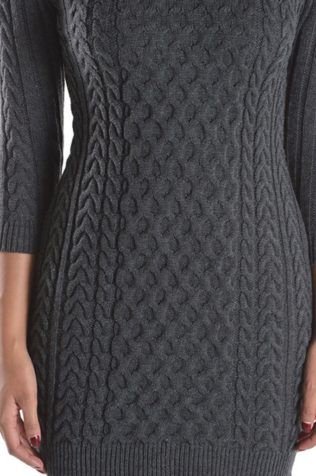 Round Neck Cable Knit Long Sleeve Sweater Dress